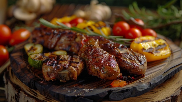 a tray of food including meat vegetables and tomatoes