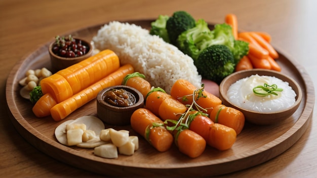 A tray of food including rice broccoli carrots and rice ai generated