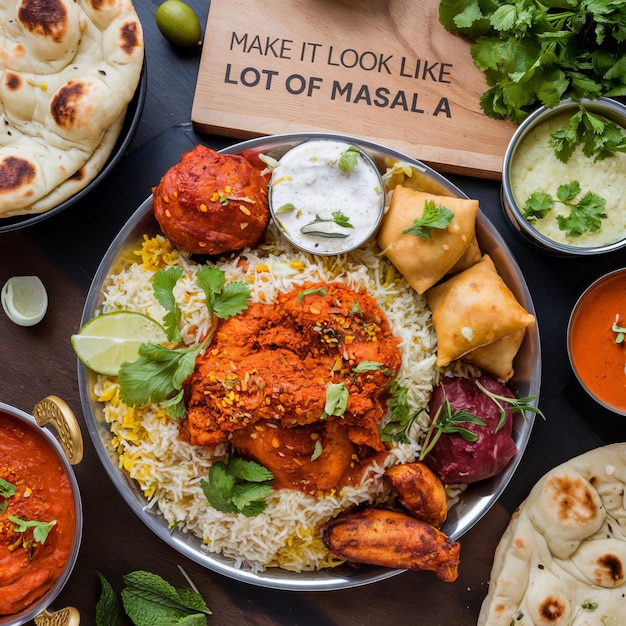 Photo a tray of food including rice rice and a sign that says make it like it