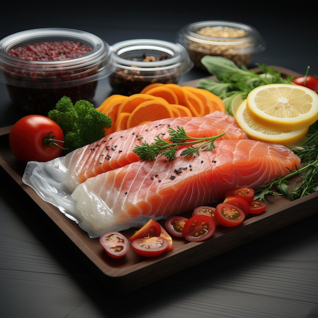 a tray of food including salmon tomatoes and other vegetables