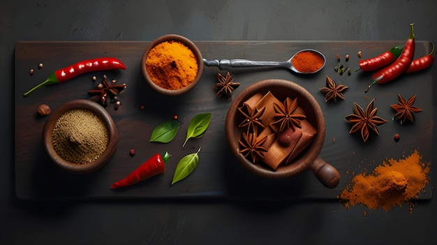 a tray of food including spices spices and a pot of chocolate