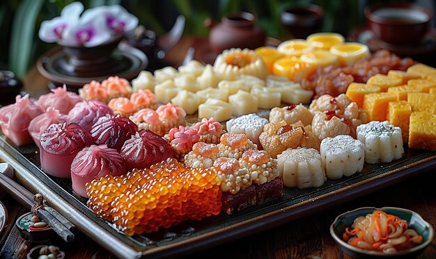 Photo a tray of food including sushi rice and other snacks