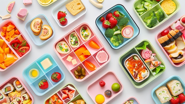 a tray of food including a variety of food items including fruit and vegetables