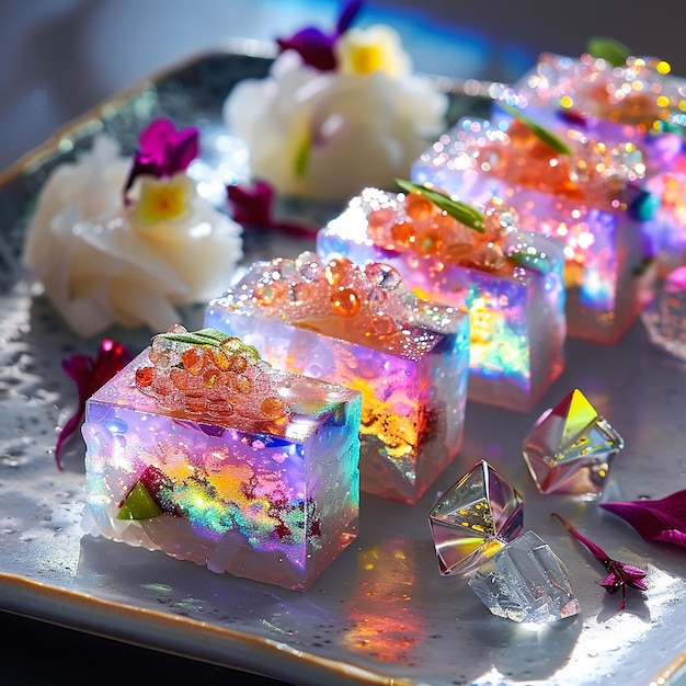 a tray of food that has a rainbow colored star shaped item on it