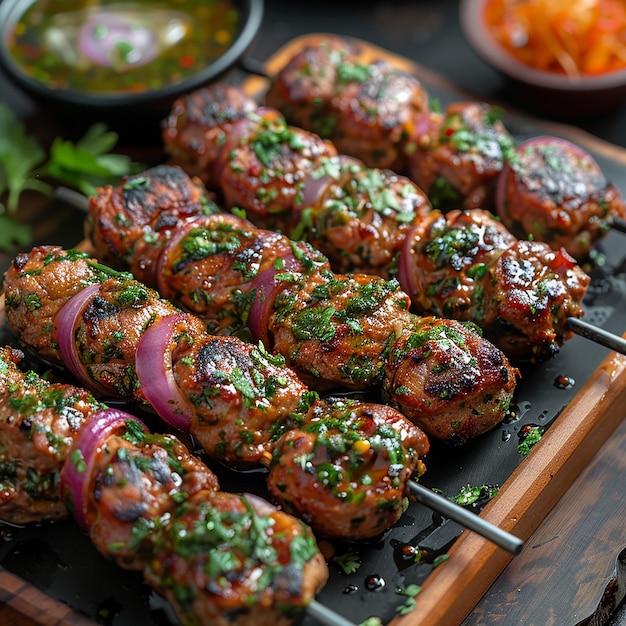 a tray of food that includes meat onions and onions