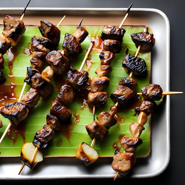 A tray of food with a banana leaf on it that says'bbq'on it