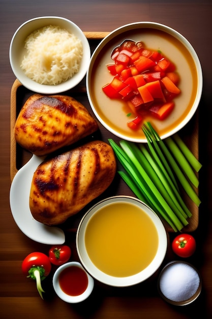 A tray of food with a bowl of soup and a bowl of soup.