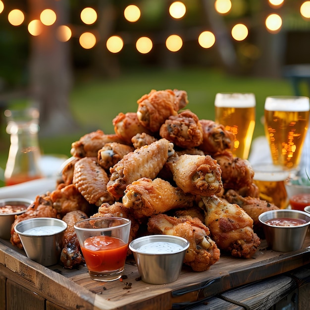 Photo a tray of food with a bunch of beer and a bottle of beer