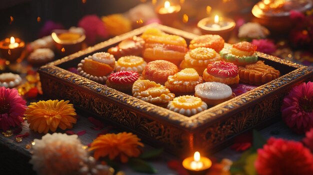 Photo a tray of food with a candle in the center