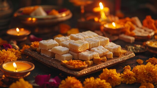 Photo a tray of food with a candle and flowers in the background