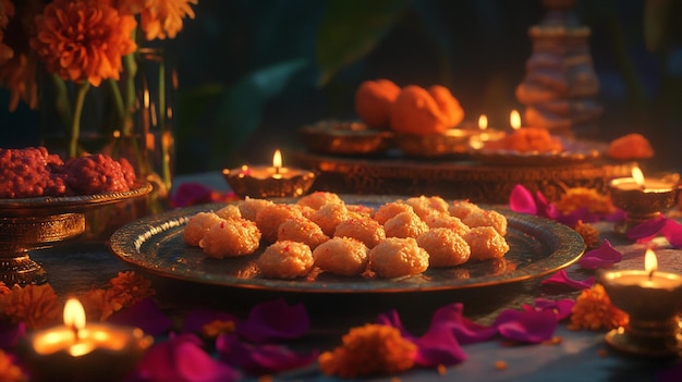 Photo a tray of food with candles and flowers on it