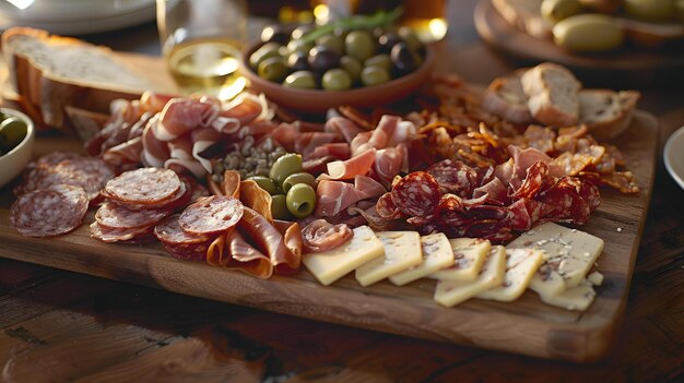 a tray of food with cheese olives and cheese