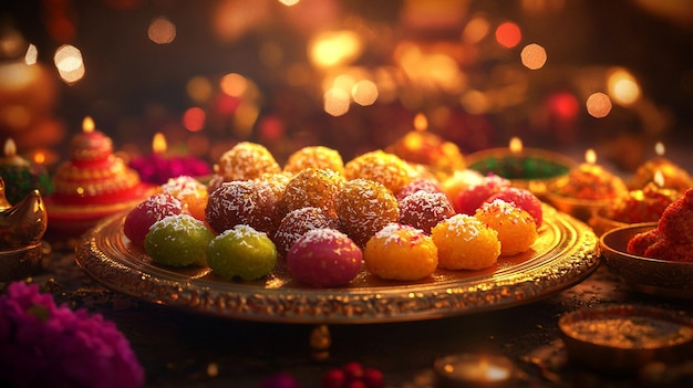 Photo a tray of food with a christmas tree in the background