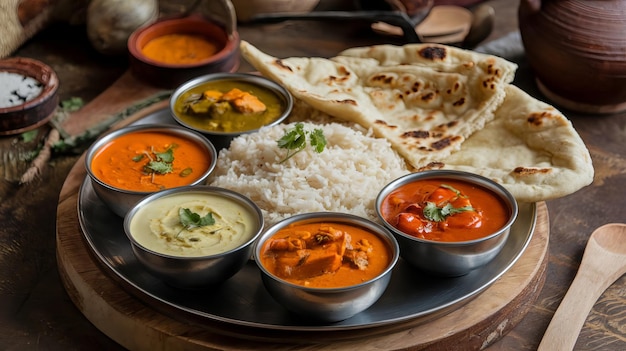 Photo a tray of food with different foods including rice and rice