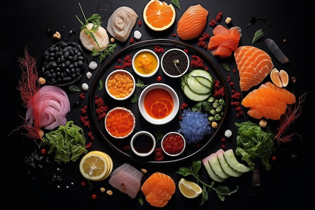 a tray of food with different fruits and vegetables on it