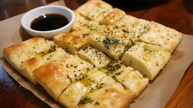 a tray of food with a dipping sauce in it