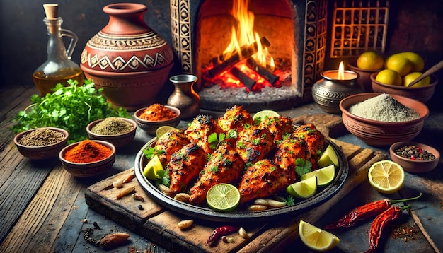 Photo a tray of food with a fire in the background and a fire place with a fire in the background