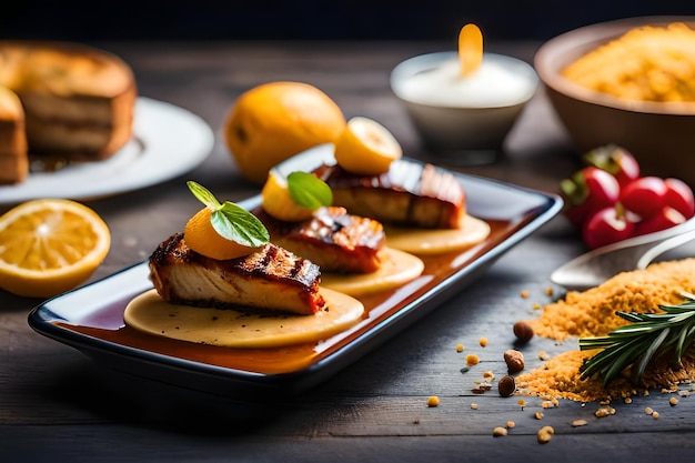 Photo a tray of food with food on it including meat and bread