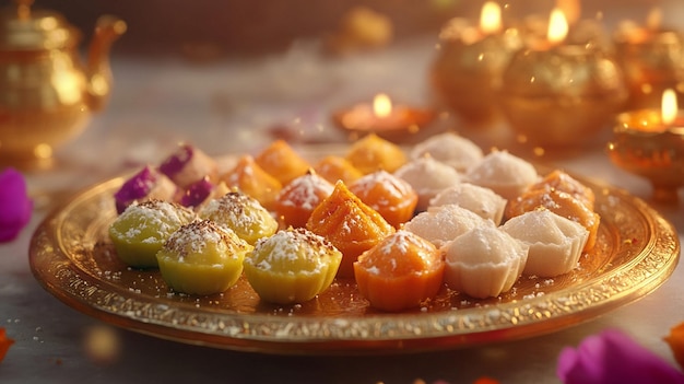 a tray of food with a gold plate of food on it