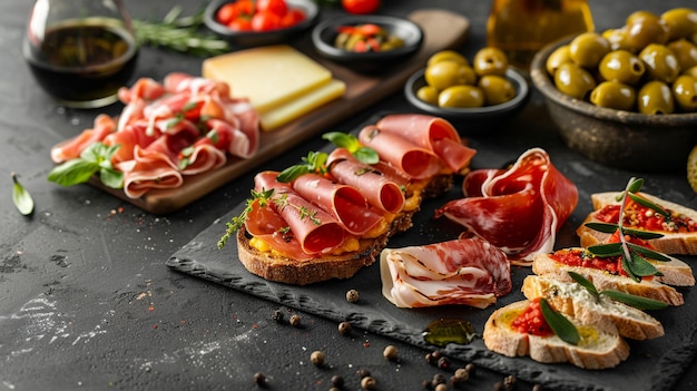 a tray of food with many different types of food on it