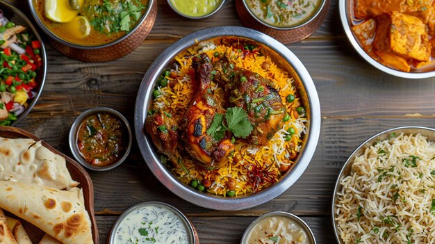 Photo a tray of food with rice rice and other dishes