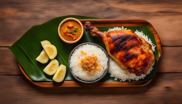 a tray of food with rice rice and a plate of rice