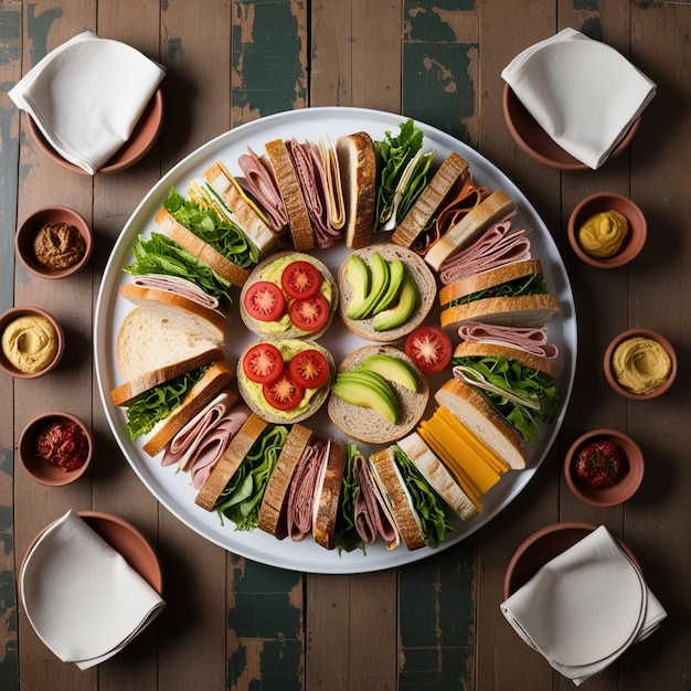 Photo a tray of food with sandwiches and sandwiches on it