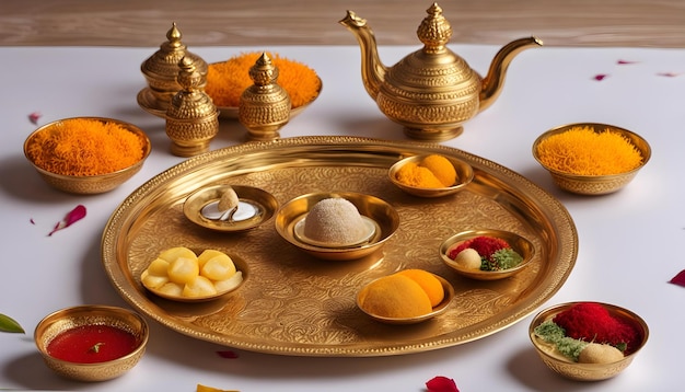 a tray of food with a set of gold teapots and other offerings