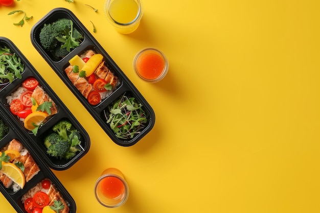 Photo a tray of food with three small trays of food with a drink in the middle