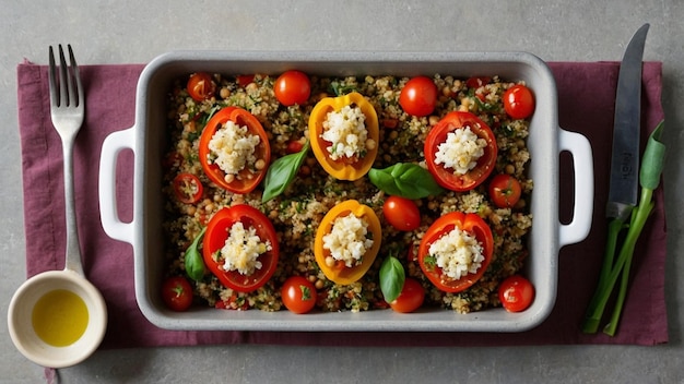 a tray of food with tomatoes and herbs