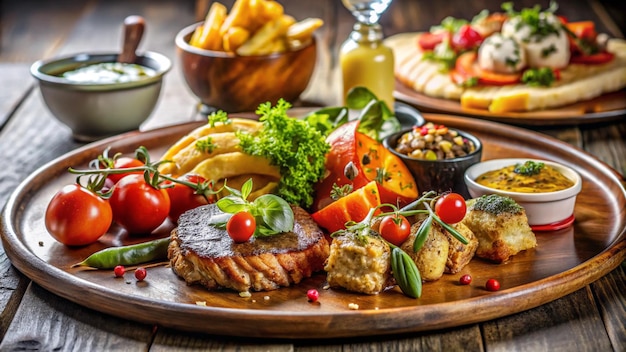 Photo a tray of food with a variety of food including bananas tomatoes and salad