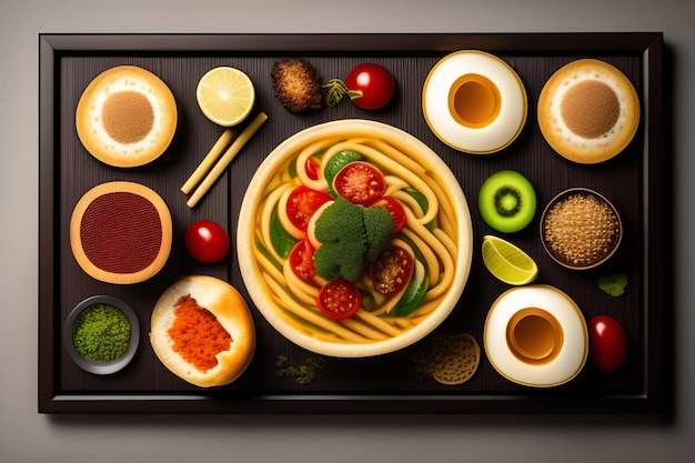 A tray of food with a variety of foods including a bowl of spaghetti, kiwi, and other food.