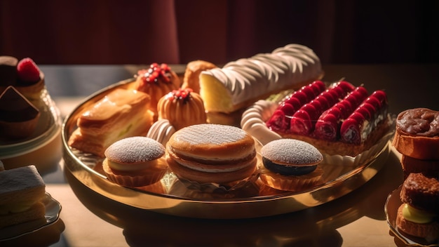 A tray of food with a variety of pastries on it