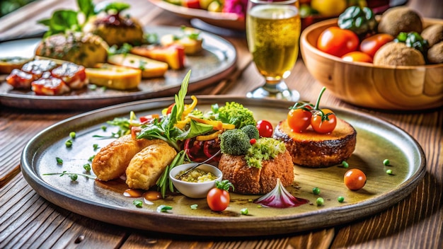 Photo a tray of food with vegetables and bread on it