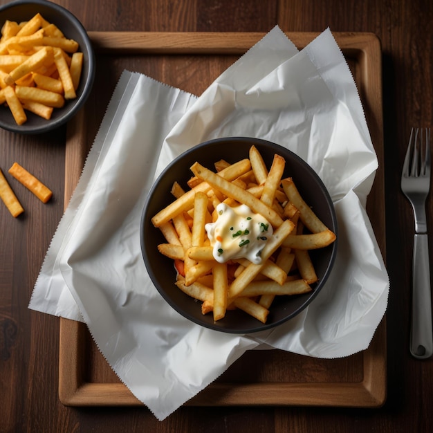 a tray of french fries and a bowl of french fries