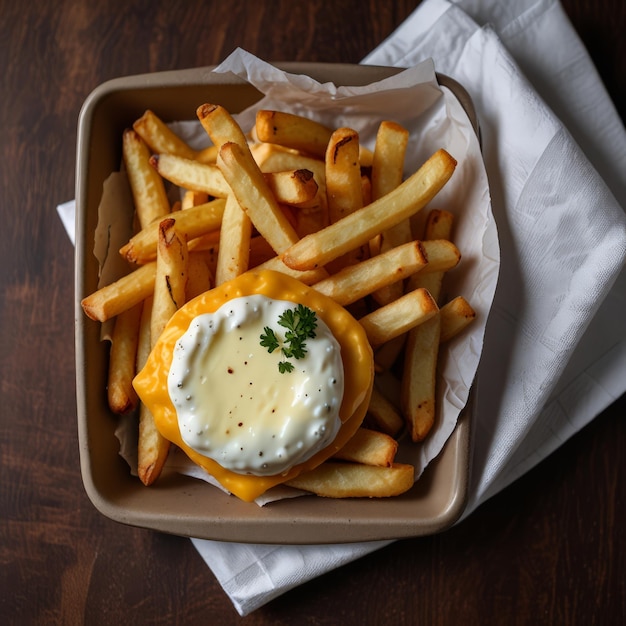 a tray of french fries and a burger with a side of mayonnaise