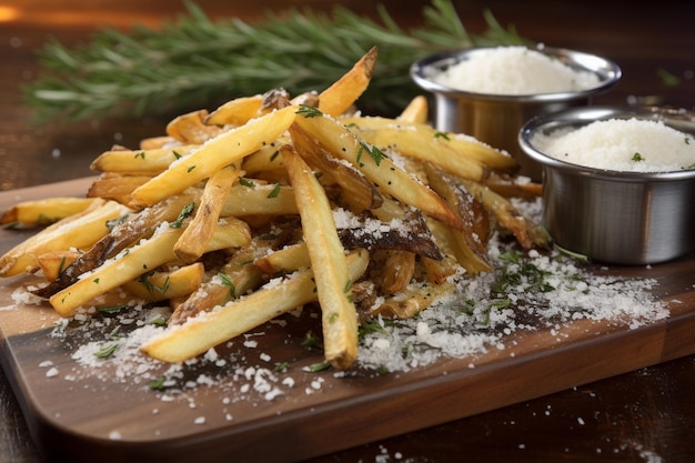 Photo a tray of french fries and some condiments with a pine tree in the background