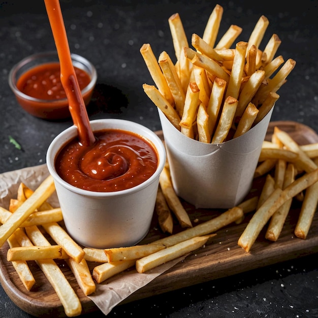 a tray of french fries with ketchup and ketchup