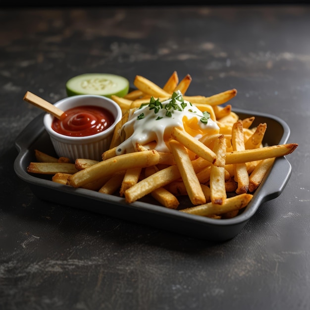 a tray of french fries with ketchup and ketchup