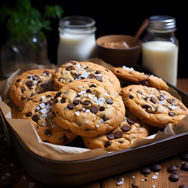 A tray of freshly baked chocolate chip cookies on a rustic wooden table