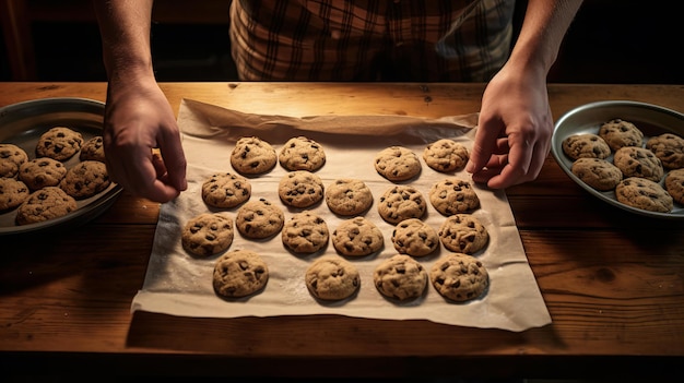 A tray of freshly baked chocolate chip cookies on a rustic wooden table