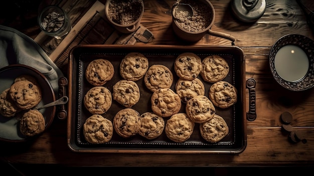 A tray of freshly baked chocolate chip cookies on a rustic wooden table