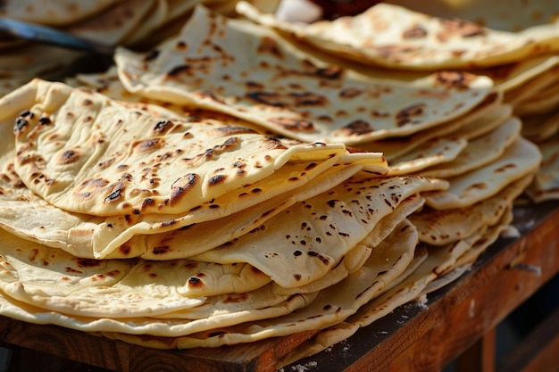 A tray of freshly made flour tortillas stacked high