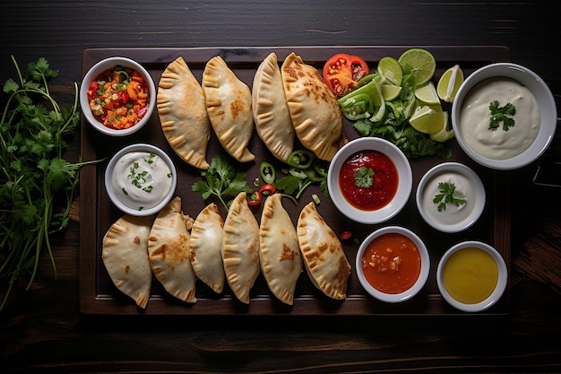 A tray of freshly made Mexican empanadas with various fillings