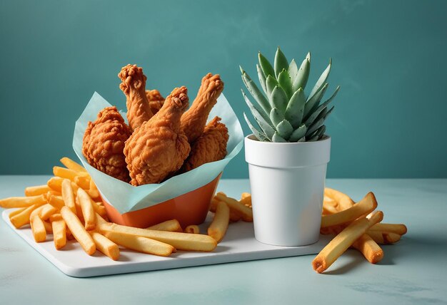 Photo a tray of fried chicken and french fries with a cup of water