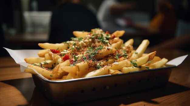 A tray of fries with a pile of cheese on top