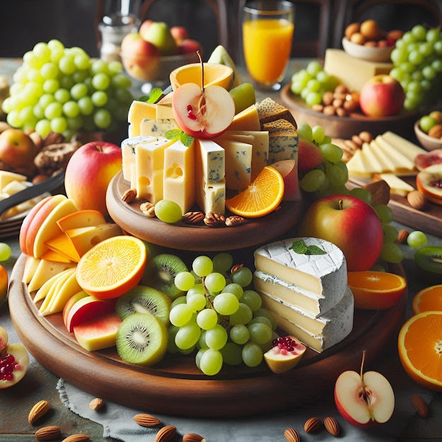 a tray of fruit and cheeses with a bunch of grapes and oranges