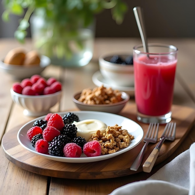 tray of fruit and a cup of kiwi juice on a wooden table