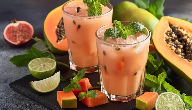 a tray of fruit and drink with limes and limes