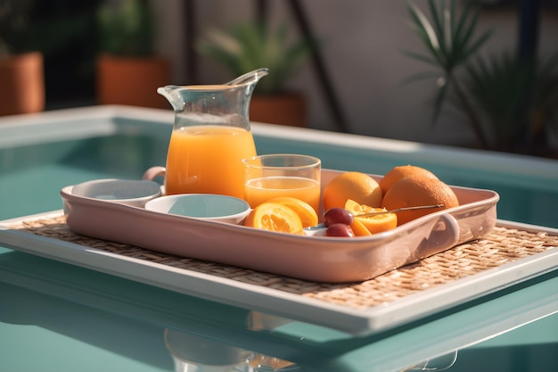 A tray of fruit and a glass of juice on a table.